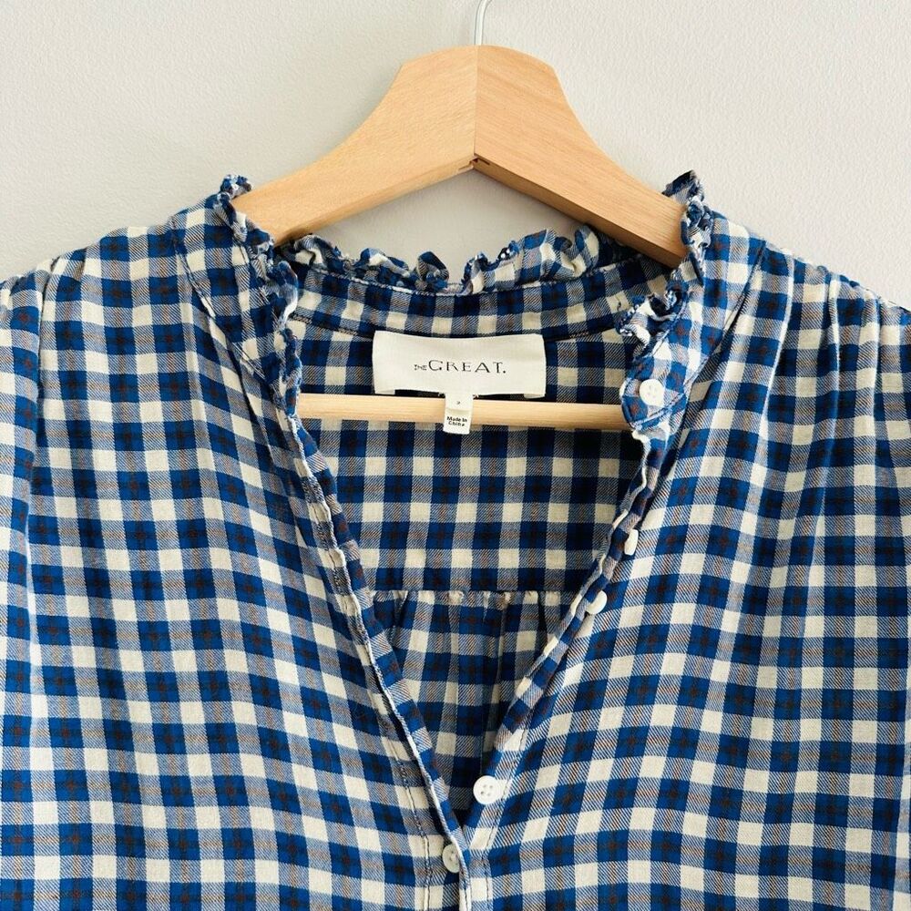 THE GREAT. Blue and White Gingham Button-Down Shirt - Picture 4 of 11